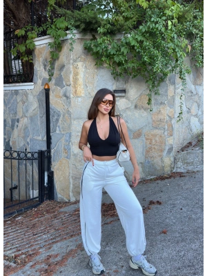 Beyaz Şeritli Barrel Fit Eşofman Altı