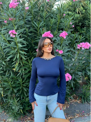 Lacivert Bisiklet Yaka Crop