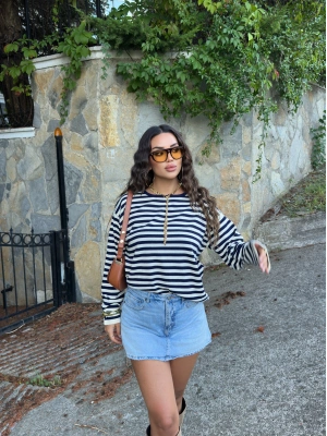 Lacivert Oversize Çizgili Triko