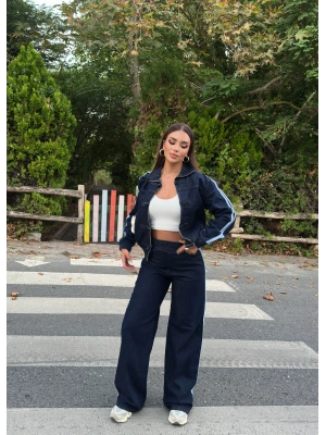Koyu Mavi Denim Şeritli Takım