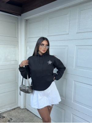 Siyah Taş İşlemeli Oversize Sweatshirt