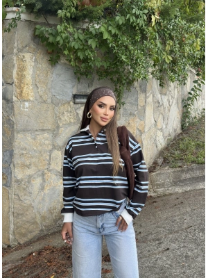 Kahverengi Polo Yaka Çizgili Sweatshırt
