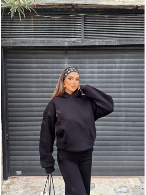 Siyah Angel Taş İşlemeli Sweatshırt