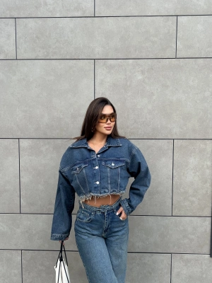 Mavi Yıkamalı Crop Ceket