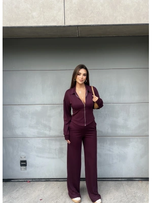 Bordo Polo Yaka Kuşaklı Fermuarlı Takım