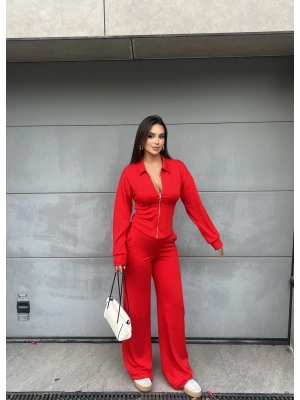Kırmızı Polo Yaka Kuşaklı Fermuarlı Takım