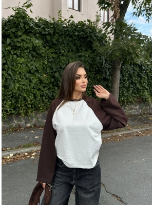 Kahverengi Çift Renk Bisiklet Yaka Sweatshırt
