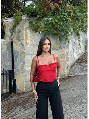 Kırmızı Tül Detay Balenli Bralet