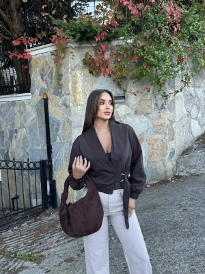 Kahverengi Kemerli Crop Trenç Ceket