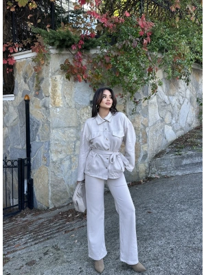 Ekru Kuşaklı Süet Takım