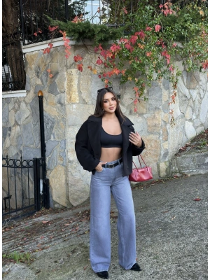 Gri Kemerli Wide Leg Jean