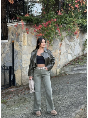 Yeşil Kemerli Wide Leg Jean