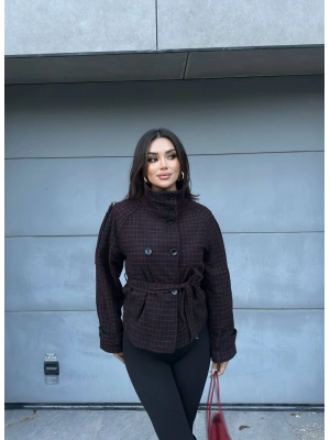 Siyah Mini Kareli Dik Yaka Kaşe Kaban