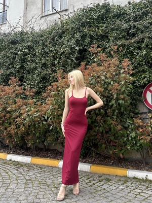 Bordo Askılı Uzun Elbise