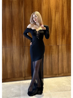 Siyah Kuşgözü Detaylı Uzun Elbise