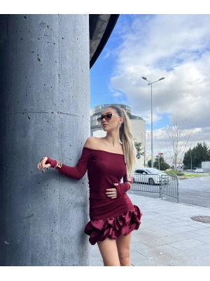 Bordo Madonna Yaka Balon Elbise