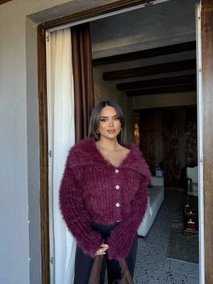 Bordo Polo Yaka Taşlı Yumoş Kazak