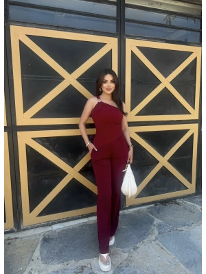 Bordo Sandy Tek Omuz Asimetrik Takım