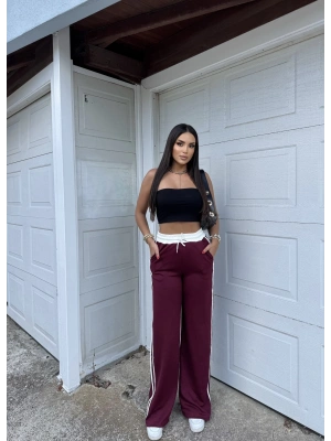 Bordo Şeritli Bol Paça Eşofman Altı