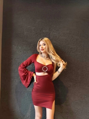 Bordo Tek Kol Taş Detay Mini Elbise