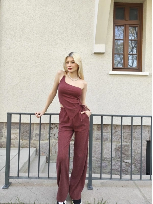 Bordo Tek Omuz Asimetrik Takım