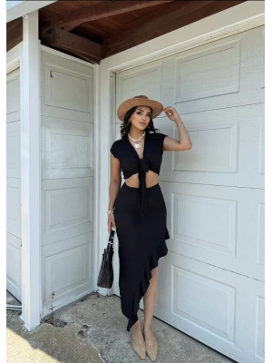 Siyah Ön Bağlama İkili Crop Etek Takım