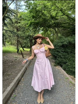 Pembe Askılı Korse Detay Uzun Elbise