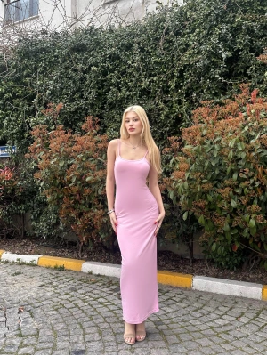 Pembe Askılı Uzun Elbise
