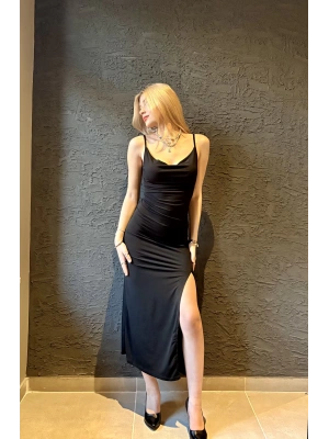 Siyah Degaje Yaka Uzun Elbise