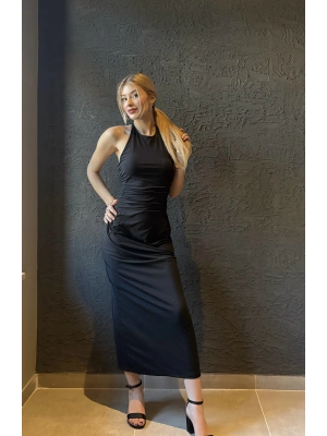 Siyah Drapeli Sırt Detay Uzun Elbise