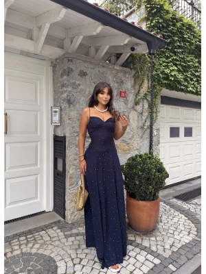 Lacivert Puantiyeli Askılı Uzun Elbise