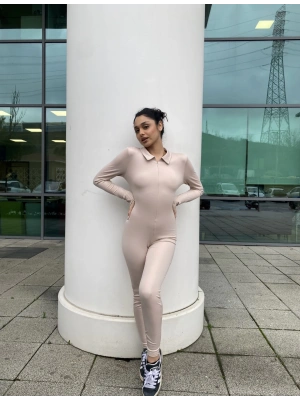 Bej Şardonlu Fermuarlı Uzun Tulum