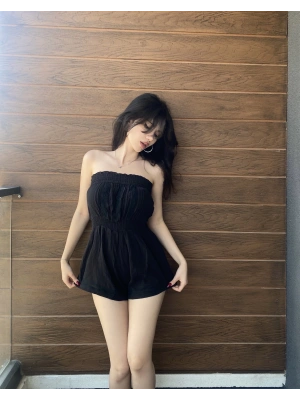 Siyah Straplez Şortlu Tulum