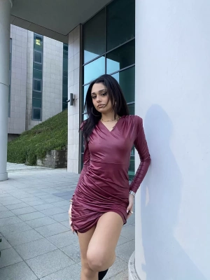 Bordo Vatkalı Deri Elbise