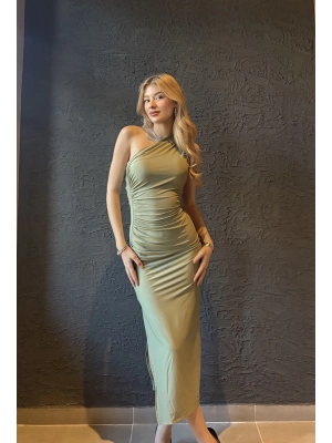 Su Yeşili Omuz Detay Uzun Elbise