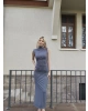 Gri Simli Yırtmaç Detay Uzun Elbise