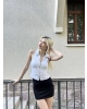 Beyaz Polo Yaka Fermuar Detay Bluz