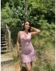 Pembe Degaje Yaka Boyundan Bağlamalı Büzgülü Elbise