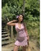 Pembe Degaje Yaka Boyundan Bağlamalı Büzgülü Elbise