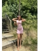 Pembe Degaje Yaka Boyundan Bağlamalı Büzgülü Elbise