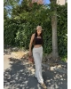 Bej Beli Lastikli Keten Pantolon