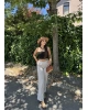 Bej Beli Lastikli Keten Pantolon