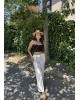 Beyaz Beli Lastikli Keten Pantolon