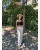 Beyaz Beli Lastikli Keten Pantolon