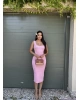 Pembe Kare Yaka Uzun Basic Elbise