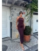 Kahverengi Halter Yaka Aksesuarlı Uzun Elbise