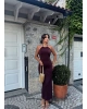 Kahverengi Halter Yaka Aksesuarlı Uzun Elbise