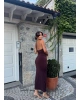 Kahverengi Halter Yaka Aksesuarlı Uzun Elbise