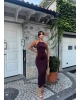 Kahverengi Halter Yaka Aksesuarlı Uzun Elbise