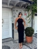 Siyah Halter Yaka Aksesuarlı Uzun Elbise